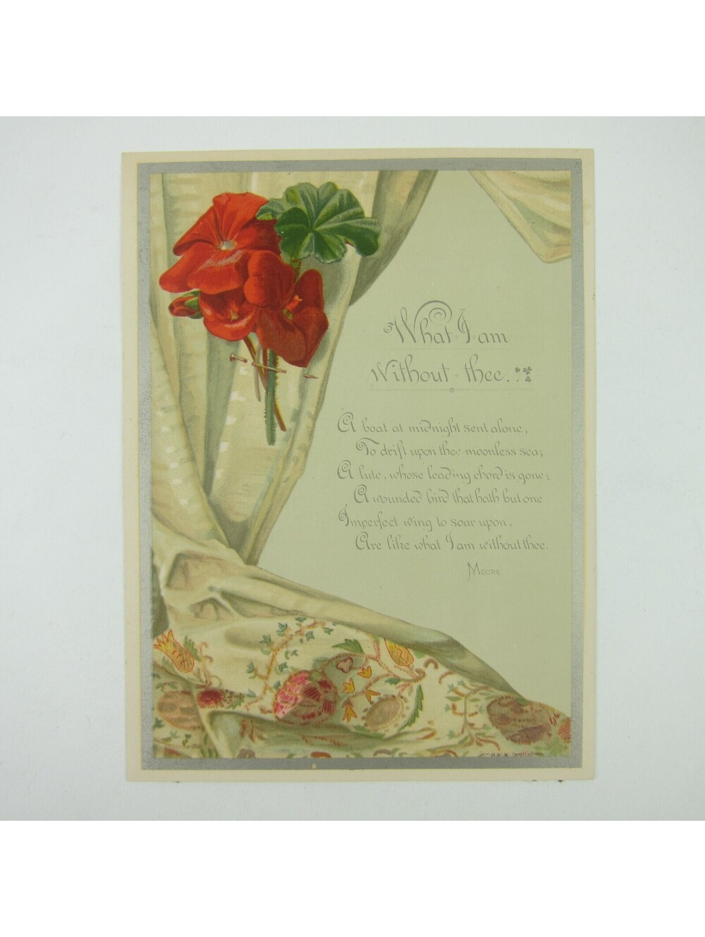 Victorian Valentine Card Red Geranium Flowers Tree White Blossoms Back Antique